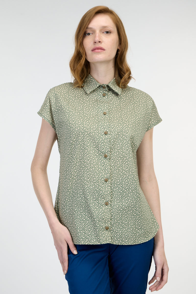 Victoria Button-Up Shirt in Green Floral Print